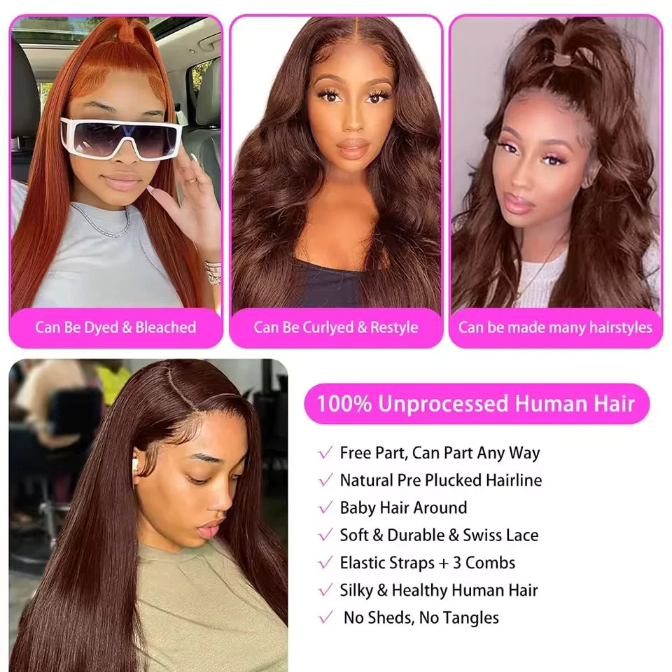 Bone Straight Human Hair Colored Brown Wigs Glueless HD Lace Frontal Wigs Brazilian Human Hair Lace Front Wigs for Black Women