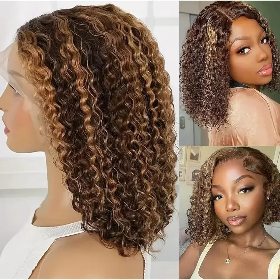 Curly Vietnamese Highlight Bob Wigs Deep Wave Short Bob Wig 4/27 Color 13x4 Lace Front Wig Bob 100% Human Hair Lace Frontal Wigs