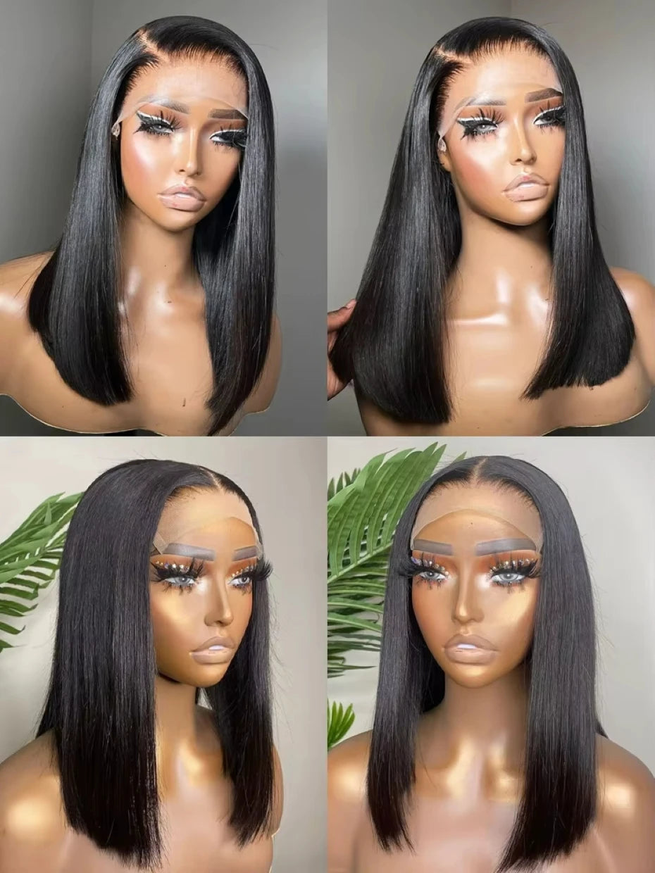 5x5 Glueless Vietnamese Human Hair Wig Double Drawn Short Bob Lace Front Human Hair Wigs Ready to Wear Natural Black Color 250%