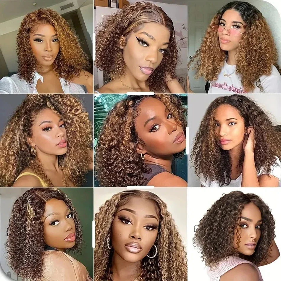 Curly Vietnamese Highlight Bob Wigs Deep Wave Short Bob Wig 4/27 Color 13x4 Lace Front Wig Bob 100% Human Hair Lace Frontal Wigs