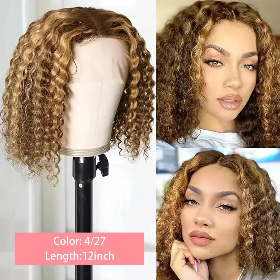 Curly Vietnamese Highlight Bob Wigs Deep Wave Short Bob Wig 4/27 Color 13x4 Lace Front Wig Bob 100% Human Hair Lace Frontal Wigs
