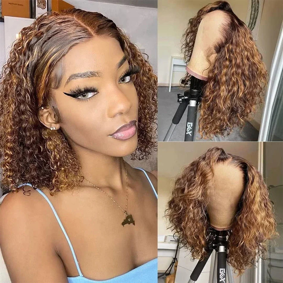 Curly Vietnamese Highlight Bob Wigs Deep Wave Short Bob Wig 4/27 Color 13x4 Lace Front Wig Bob 100% Human Hair Lace Frontal Wigs