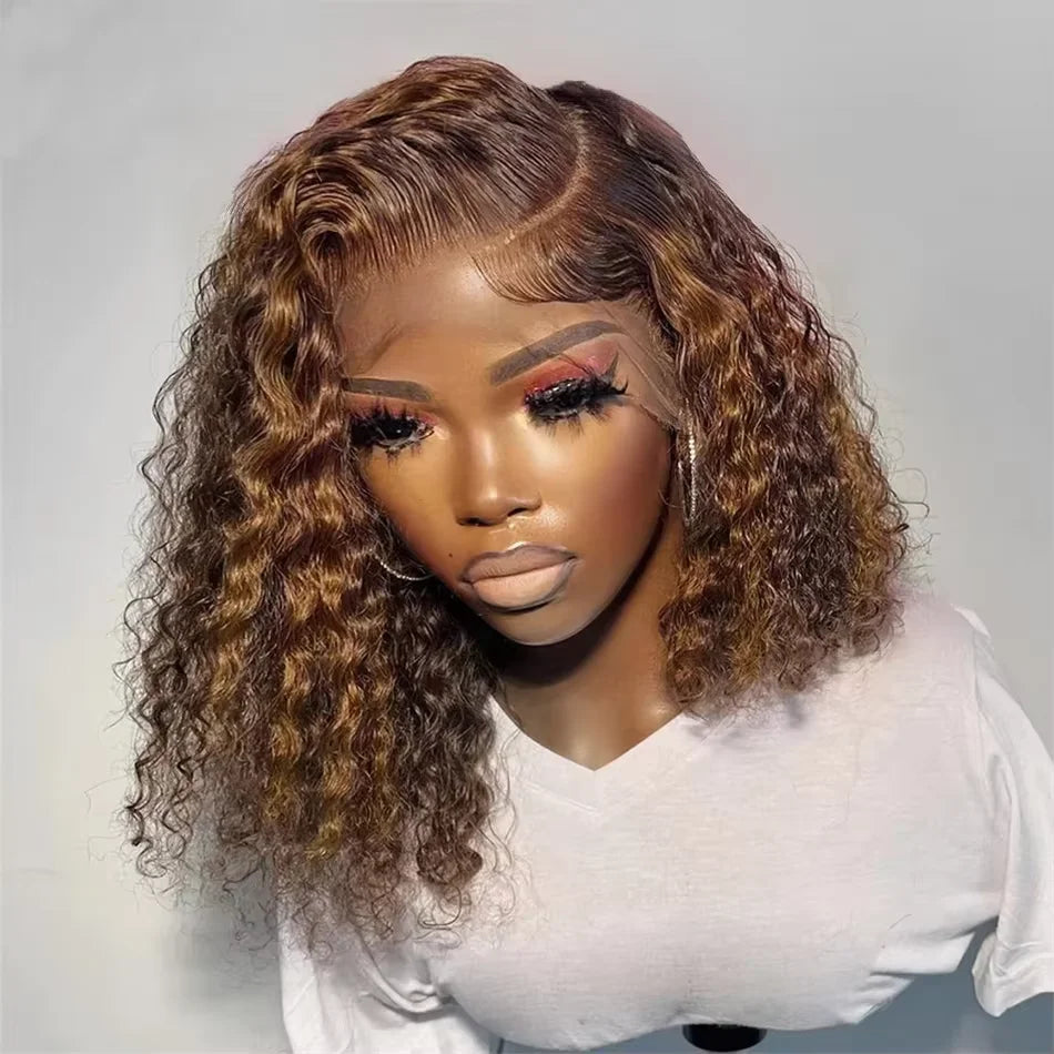 Curly Vietnamese Highlight Bob Wigs Deep Wave Short Bob Wig 4/27 Color 13x4 Lace Front Wig Bob 100% Human Hair Lace Frontal Wigs
