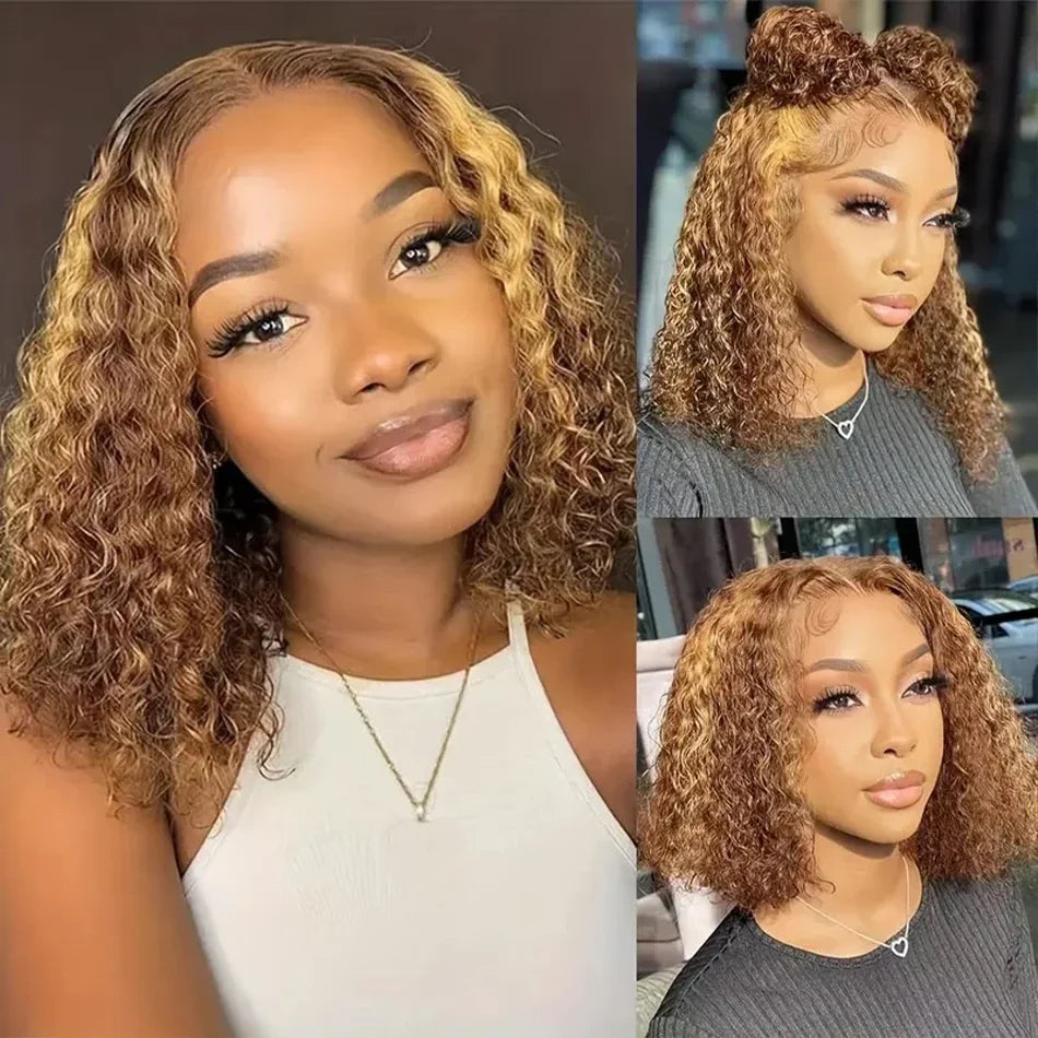 Curly Vietnamese Highlight Bob Wigs Deep Wave Short Bob Wig 4/27 Color 13x4 Lace Front Wig Bob 100% Human Hair Lace Frontal Wigs