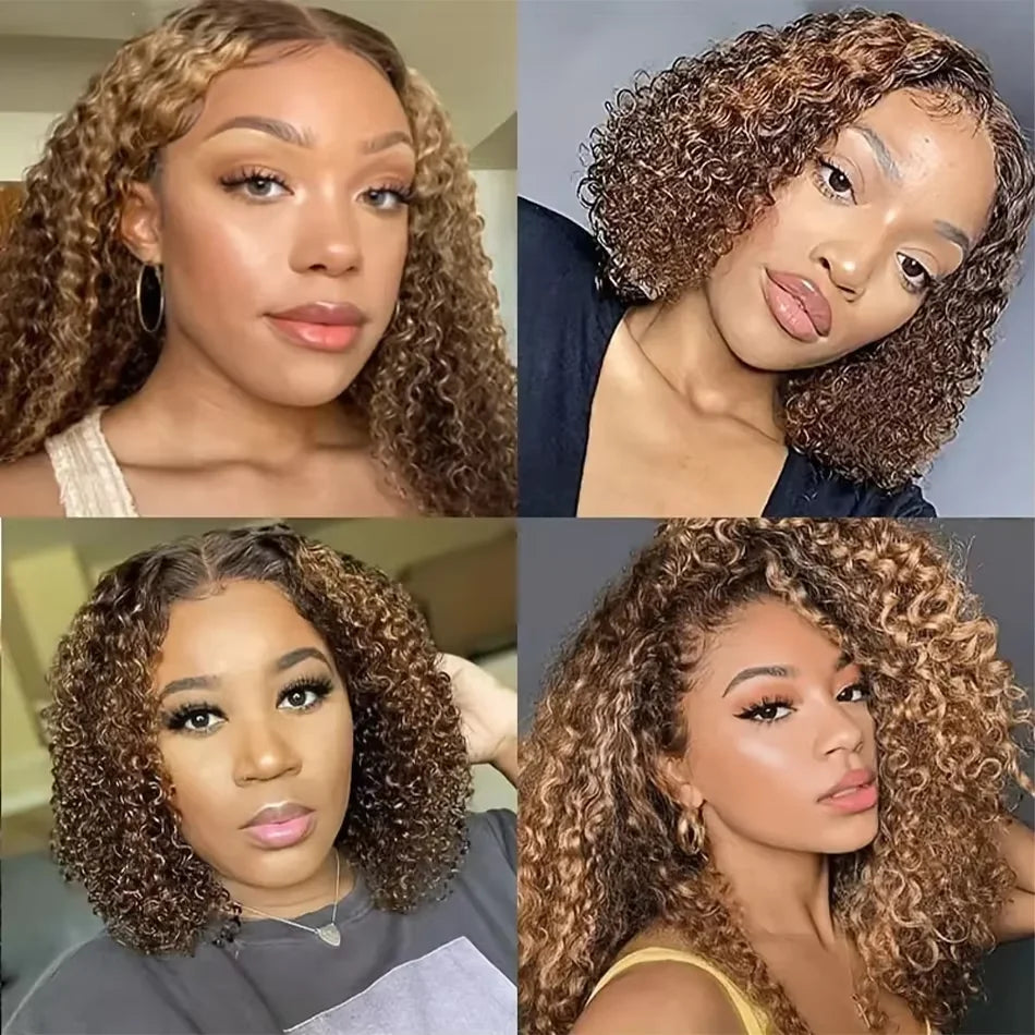 Curly Vietnamese Highlight Bob Wigs Deep Wave Short Bob Wig 4/27 Color 13x4 Lace Front Wig Bob 100% Human Hair Lace Frontal Wigs