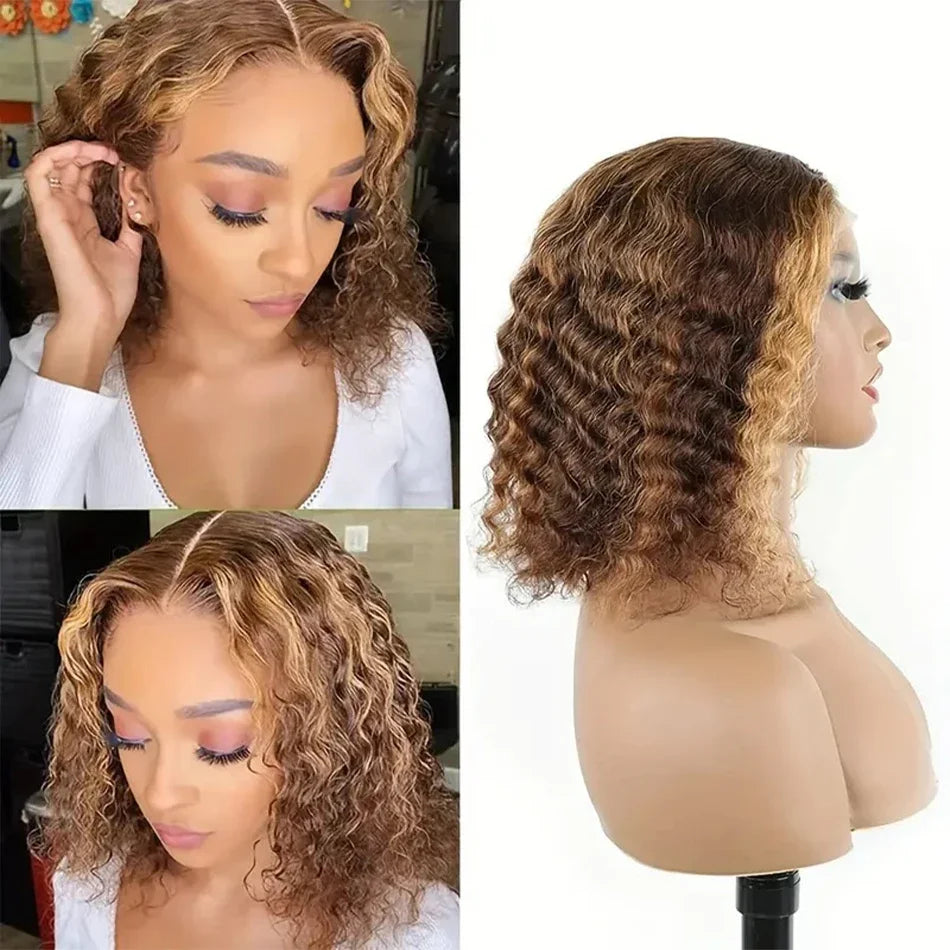 Curly Vietnamese Highlight Bob Wigs Deep Wave Short Bob Wig 4/27 Color 13x4 Lace Front Wig Bob 100% Human Hair Lace Frontal Wigs