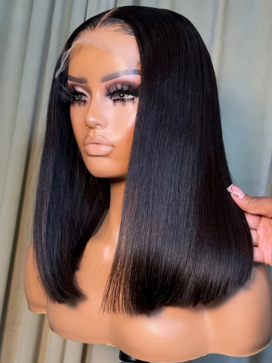 5x5 Glueless Vietnamese Human Hair Wig Double Drawn Short Bob Lace Front Human Hair Wigs Ready to Wear Natural Black Color 250%