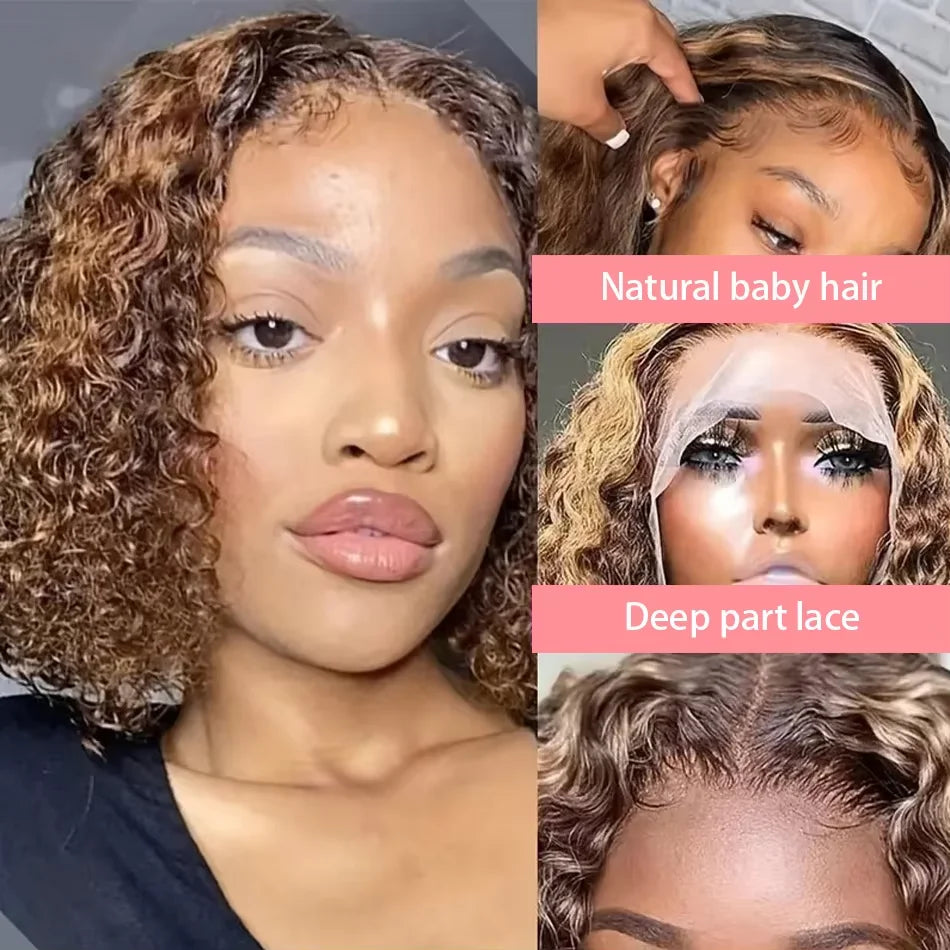 Curly Vietnamese Highlight Bob Wigs Deep Wave Short Bob Wig 4/27 Color 13x4 Lace Front Wig Bob 100% Human Hair Lace Frontal Wigs